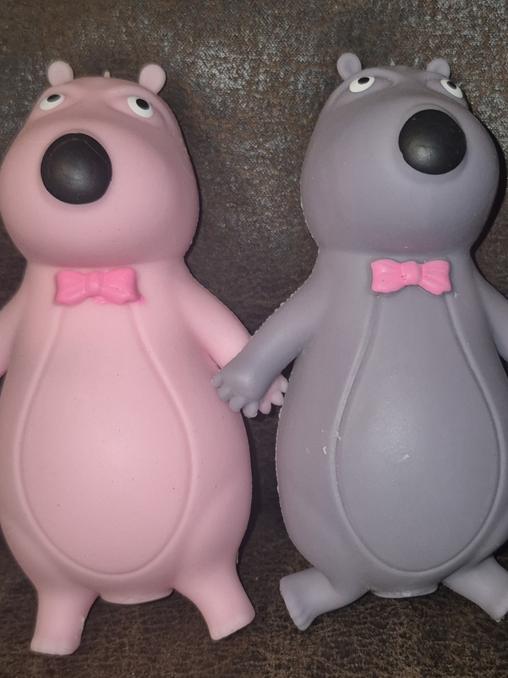 Cute Squishy Pink and Gray Bear Toy Duo with Pink Bow Ties